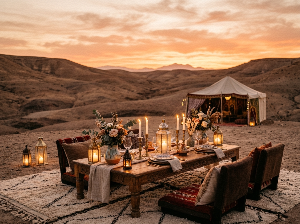Dîner de luxe sous les étoiles dans le désert d'Agafay