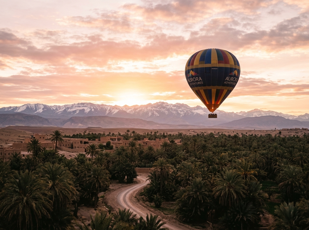 Vol en montgolfière au lever du soleil sur les palmeraies et montagnes de l'Atlas